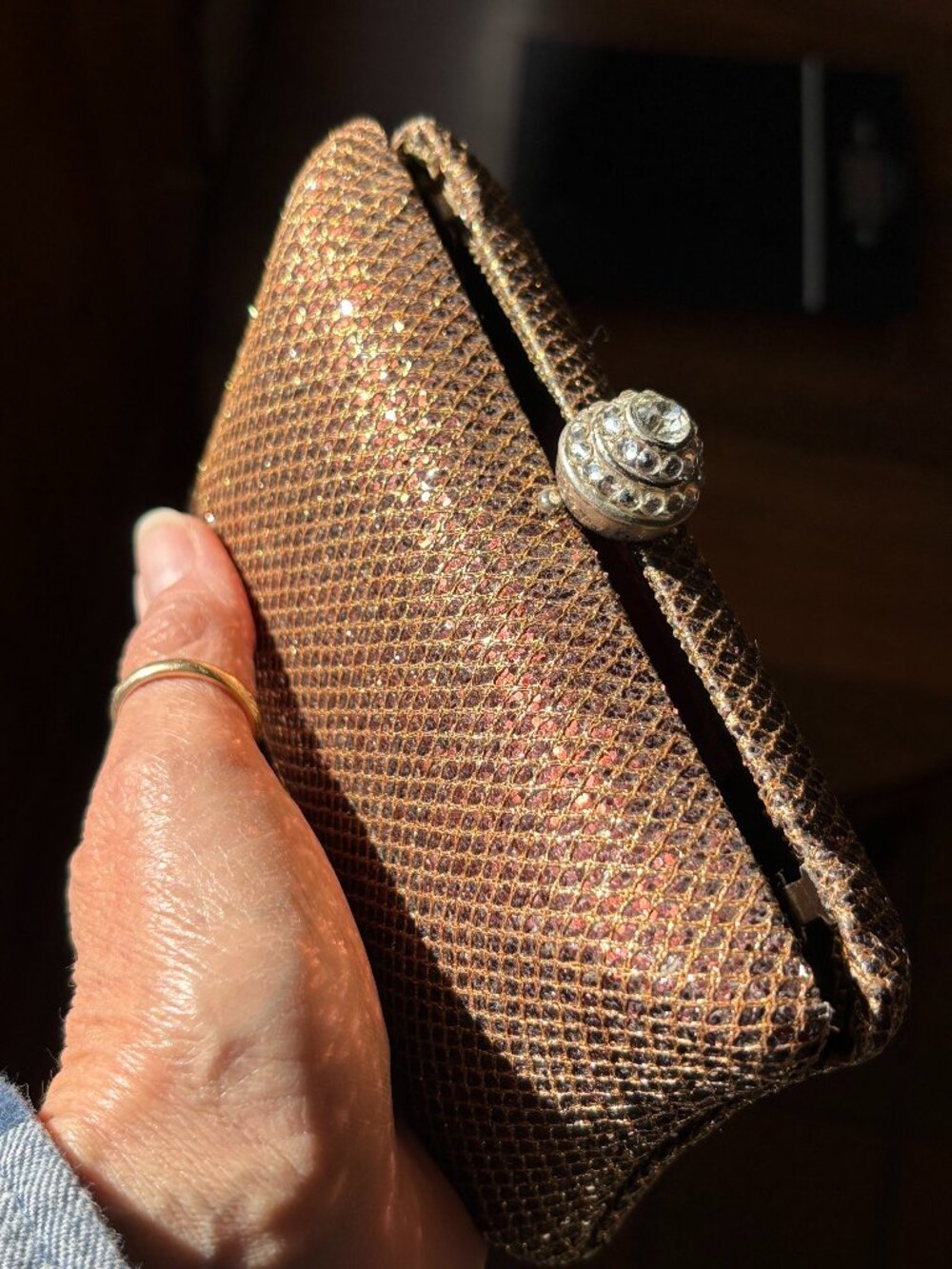 Impressions NYC Evening Clutch | Bronze Metallic Mesh Purse | Rhinestone Clasp |